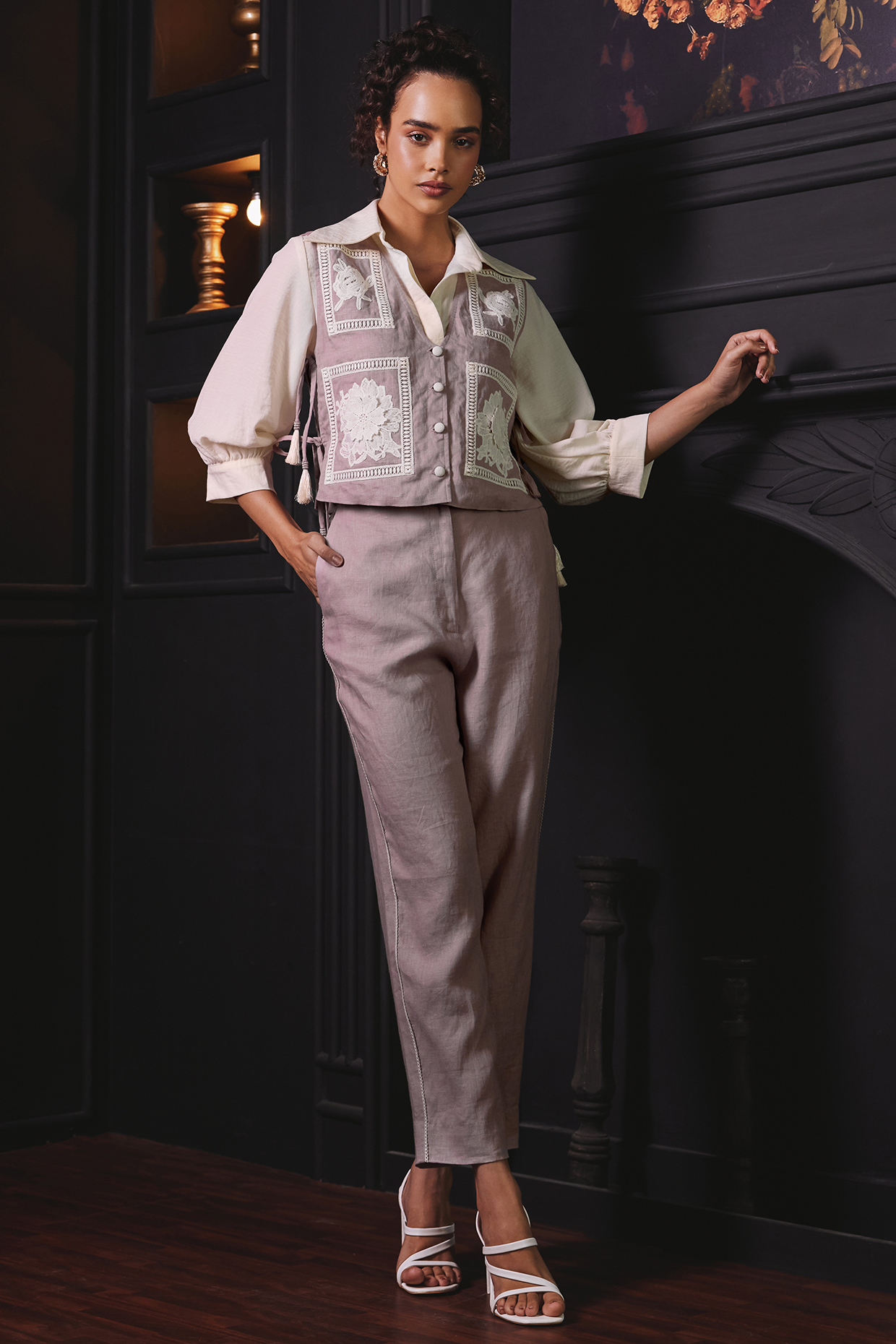 Pink Linen Crepe Pant Set by Label Deepika Nagpal at Pernia's Pop Up Shop