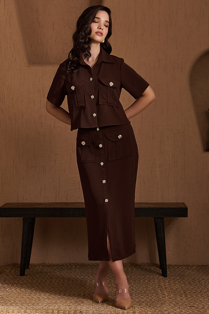 Brown Twill Crepe Skirt Set by Label Deepika Nagpal at Pernia's Pop Up Shop