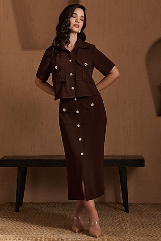 Brown Twill Crepe Skirt Set by Label Deepika Nagpal