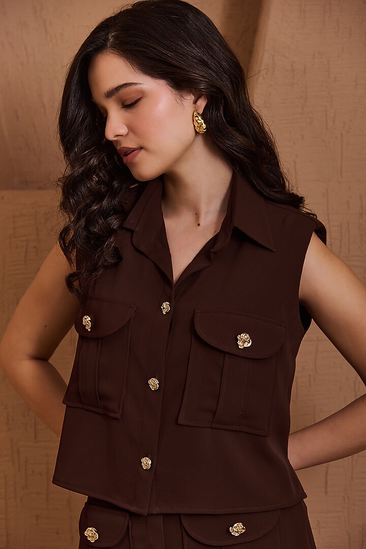 Brown Twill Crepe Skirt Set by Label Deepika Nagpal at Pernia's Pop Up Shop
