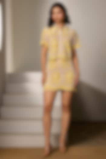 Yellow Mesh Embroidered Skirt Set by Label Deepika Nagpal at Pernia's Pop Up Shop