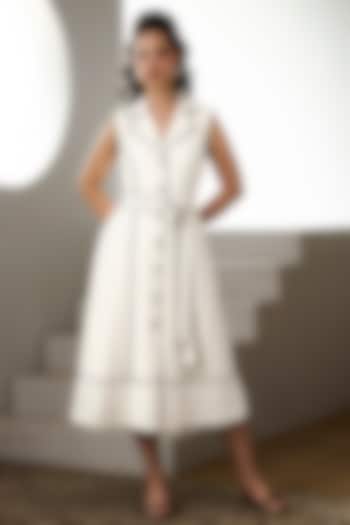 Ivory Twill Crepe Midi Summer Dress With Belt by Label Deepika Nagpal at Pernia's Pop Up Shop