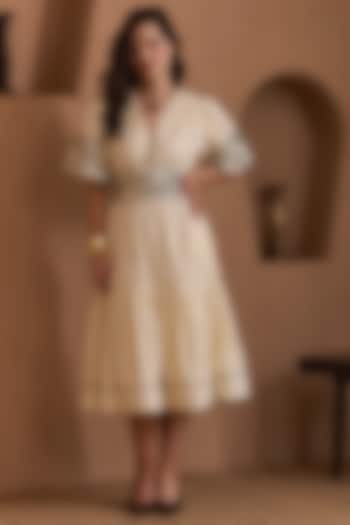 Beige Linen Embroidered Midi Summer Dress by Label Deepika Nagpal at Pernia's Pop Up Shop