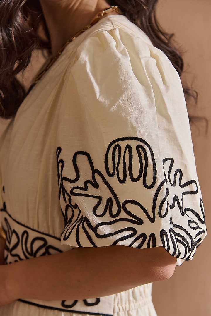 Beige Linen Embroidered Midi Summer Dress by Label Deepika Nagpal at Pernia's Pop Up Shop