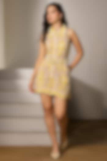 Yellow Mesh Embroidered Playsuit With Belt by Label Deepika Nagpal at Pernia's Pop Up Shop