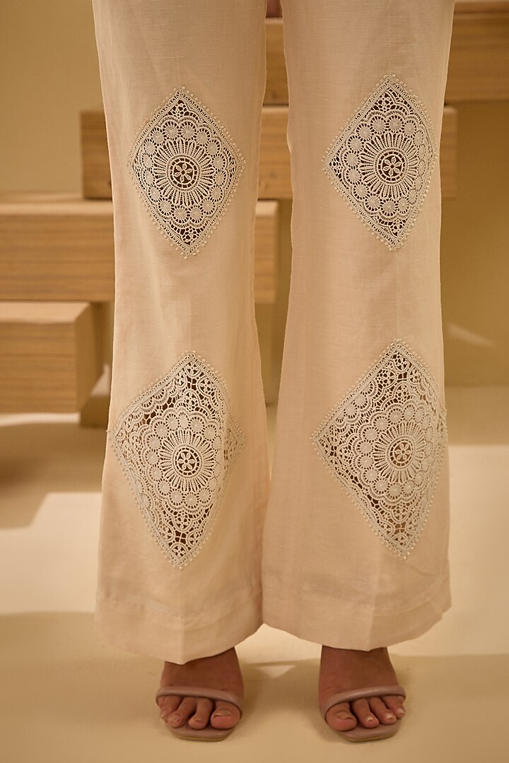 Peach Soft Cotton Linen Machine Embroidered Blazer Set by Label Deepika Nagpal at Pernia's Pop Up Shop