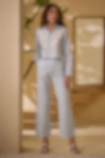 Light Blue Soft Cotton Linen Machine Embroidered Co-Ord Set by Label Deepika Nagpal at Pernia's Pop Up Shop