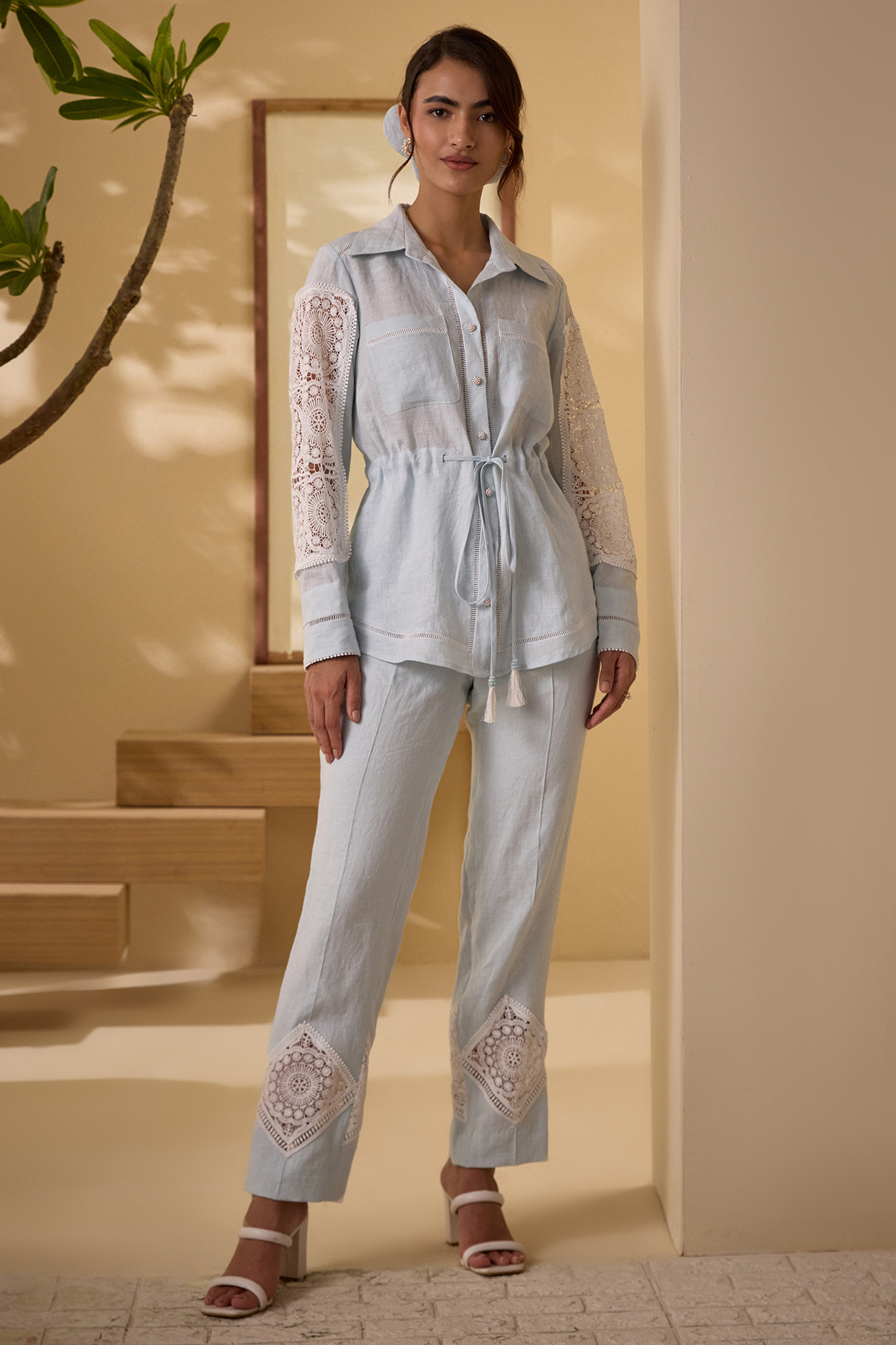 Light Blue Soft Cotton Linen Machine Embroidered Co-Ord Set by Label Deepika Nagpal at Pernia's Pop Up Shop