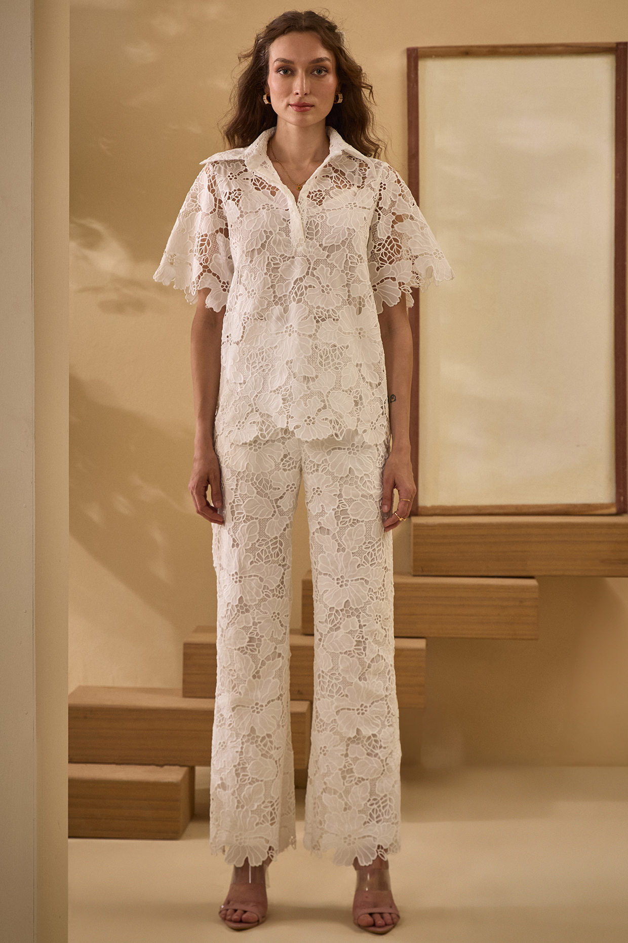 White Irish Mesh Scalloped Co-Ord Set by Label Deepika Nagpal at Pernia's Pop Up Shop