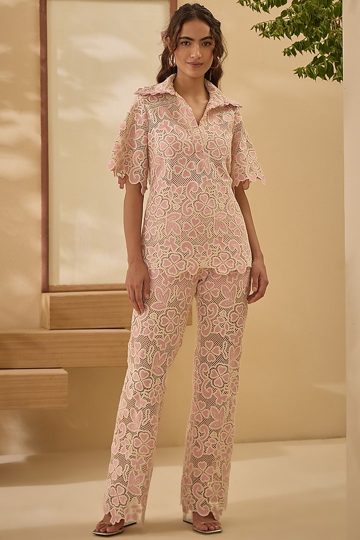 Pink Flora Mesh Lace Embroidered Co-Ord Set by Label Deepika Nagpal at Pernia's Pop Up Shop