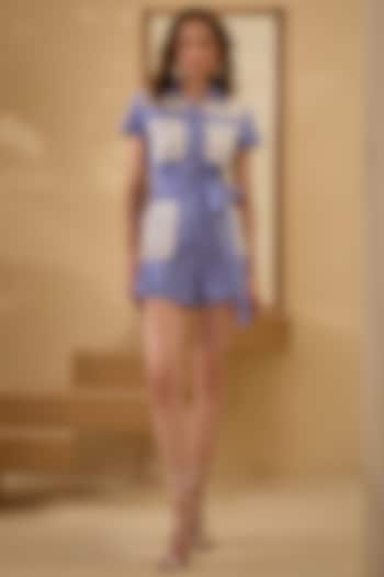 Blue Cotton Chambray Lace Embroidered Playsuit With Belt by Label Deepika Nagpal at Pernia's Pop Up Shop