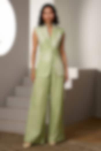 Green Cotton Linen & Yarn-Dyed Butter Soft Linen Blazer Set by Label Deepika Nagpal at Pernia's Pop Up Shop