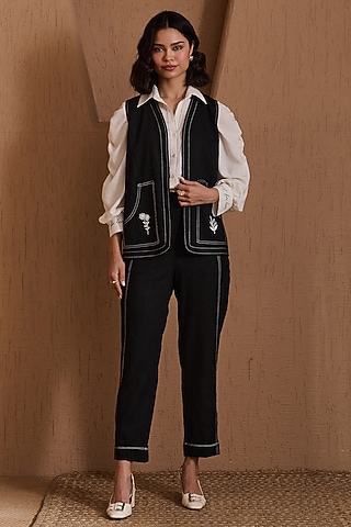 Black Cotton Linen & Butter Soft Linen Embroidered Jacket Set by Label Deepika Nagpal