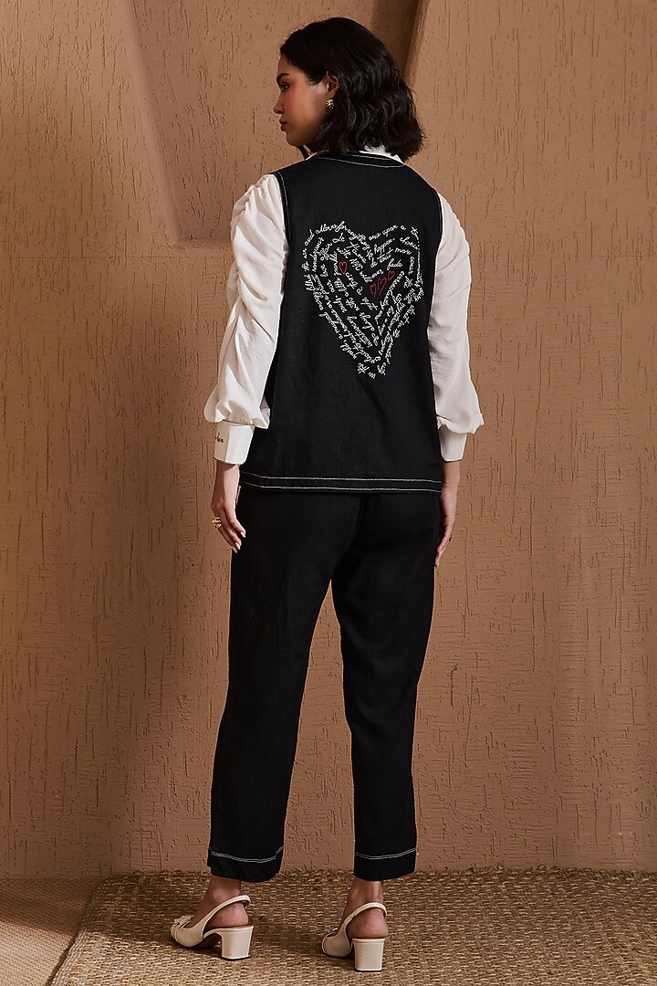 Black Cotton Linen & Butter Soft Linen Embroidered Jacket Set by Label Deepika Nagpal at Pernia's Pop Up Shop