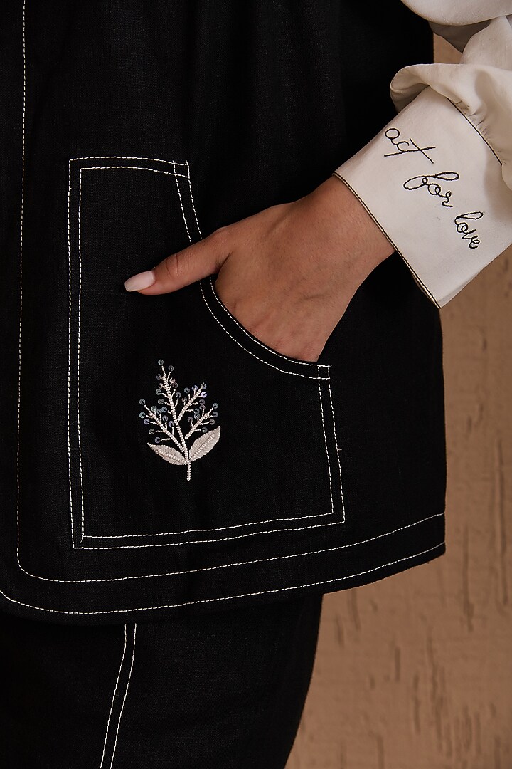 Black Cotton Linen & Butter Soft Linen Embroidered Jacket Set by Label Deepika Nagpal at Pernia's Pop Up Shop