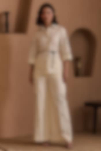 Beige Butter Soft Linen Floral Embroidered Co-Ord Set by Label Deepika Nagpal at Pernia's Pop Up Shop