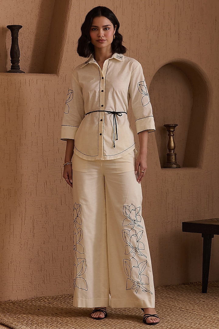 Beige Butter Soft Linen Floral Embroidered Co-Ord Set by Label Deepika Nagpal at Pernia's Pop Up Shop