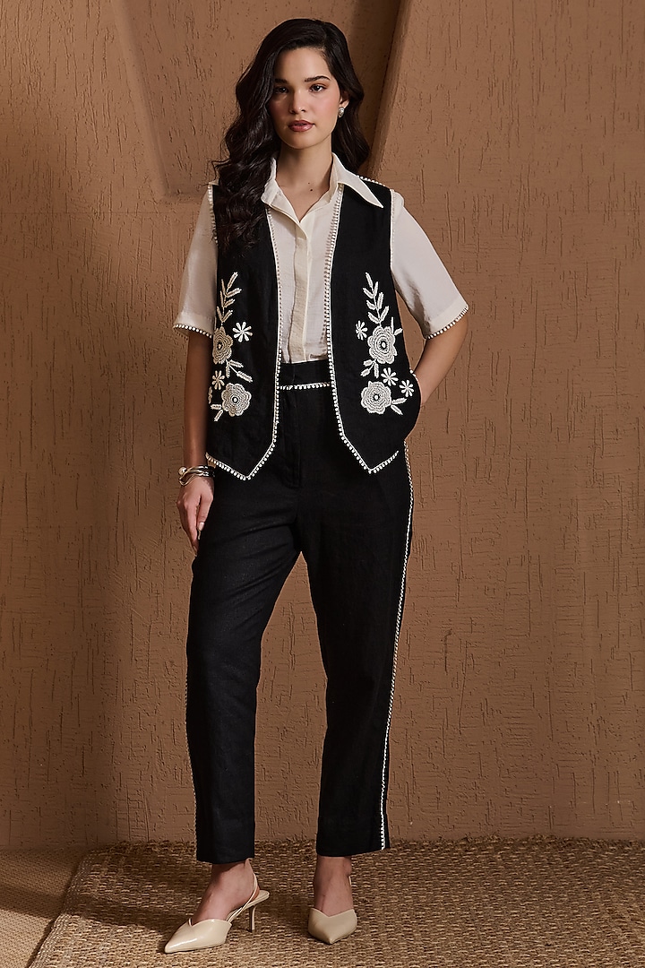 Black Cotton Linen & Butter Soft Linen Embroidered Co-Ord Set by Label Deepika Nagpal at Pernia's Pop Up Shop