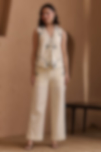 Beige Butter Soft Linen Embroidered Co-Ord Set by Label Deepika Nagpal at Pernia's Pop Up Shop