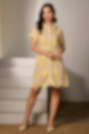 Yellow Mesh Summer Dress With Belt by Label Deepika Nagpal at Pernia's Pop Up Shop