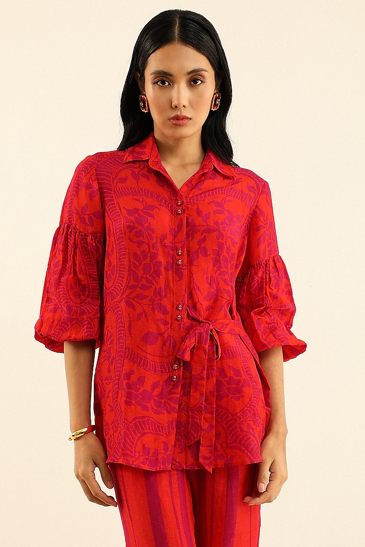 Tangerine Handloom Linen Printed Shirt by Label Deepika Nagpal at Pernia's Pop Up Shop