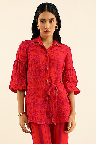 Tangerine Handloom Linen Printed Shirt by Label Deepika Nagpal