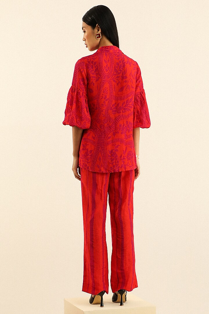 Tangerine Handloom Linen Printed Shirt by Label Deepika Nagpal at Pernia's Pop Up Shop