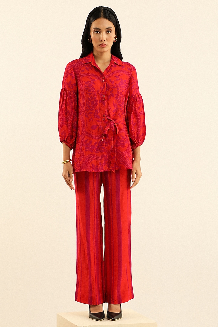 Tangerine Handloom Linen Printed Shirt by Label Deepika Nagpal at Pernia's Pop Up Shop