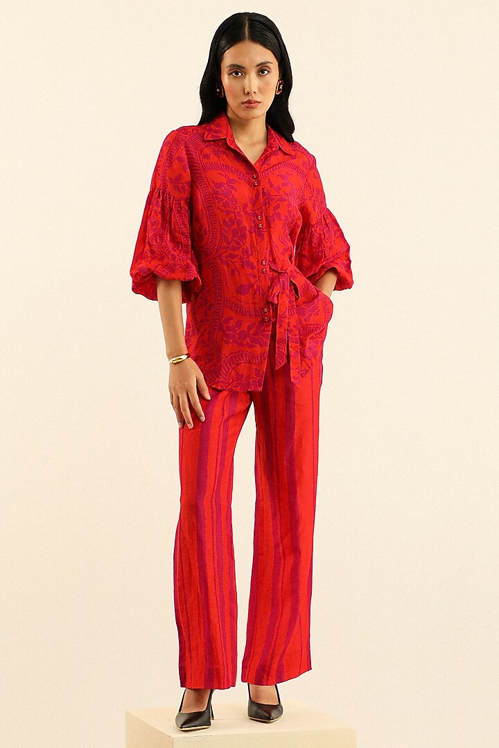 Tangerine Handloom Linen Printed Shirt by Label Deepika Nagpal at Pernia's Pop Up Shop