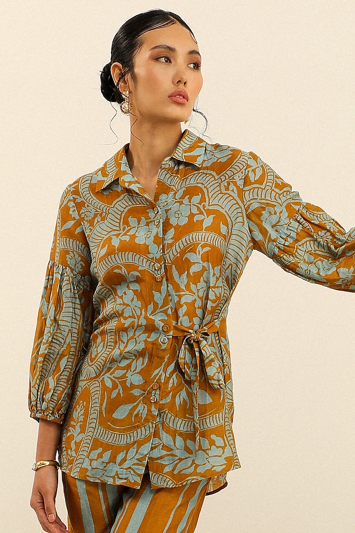 Sandstone Handloom Linen Printed Shirt by Label Deepika Nagpal