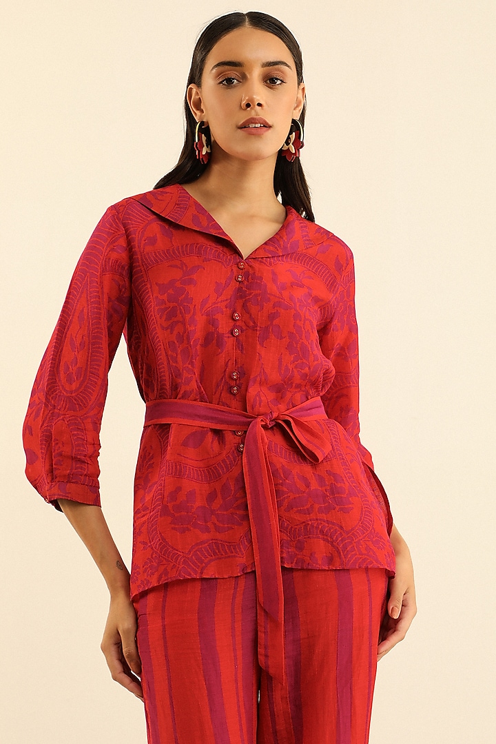 Tangerine Handloom Linen Printed Shirt by Label Deepika Nagpal at Pernia's Pop Up Shop