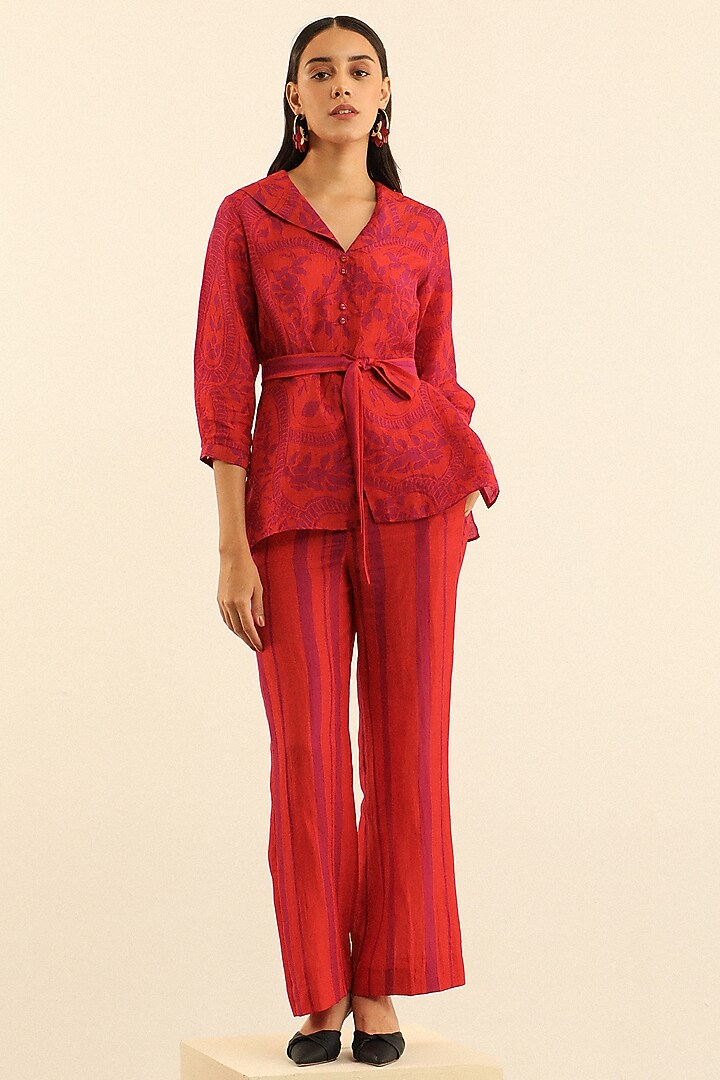 Tangerine Handloom Linen Printed Shirt by Label Deepika Nagpal at Pernia's Pop Up Shop