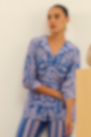 Blue Handloom Linen Printed Shirt by Label Deepika Nagpal at Pernia's Pop Up Shop