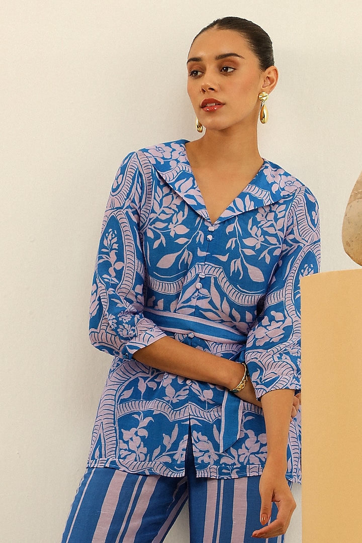 Blue Handloom Linen Printed Shirt by Label Deepika Nagpal at Pernia's Pop Up Shop