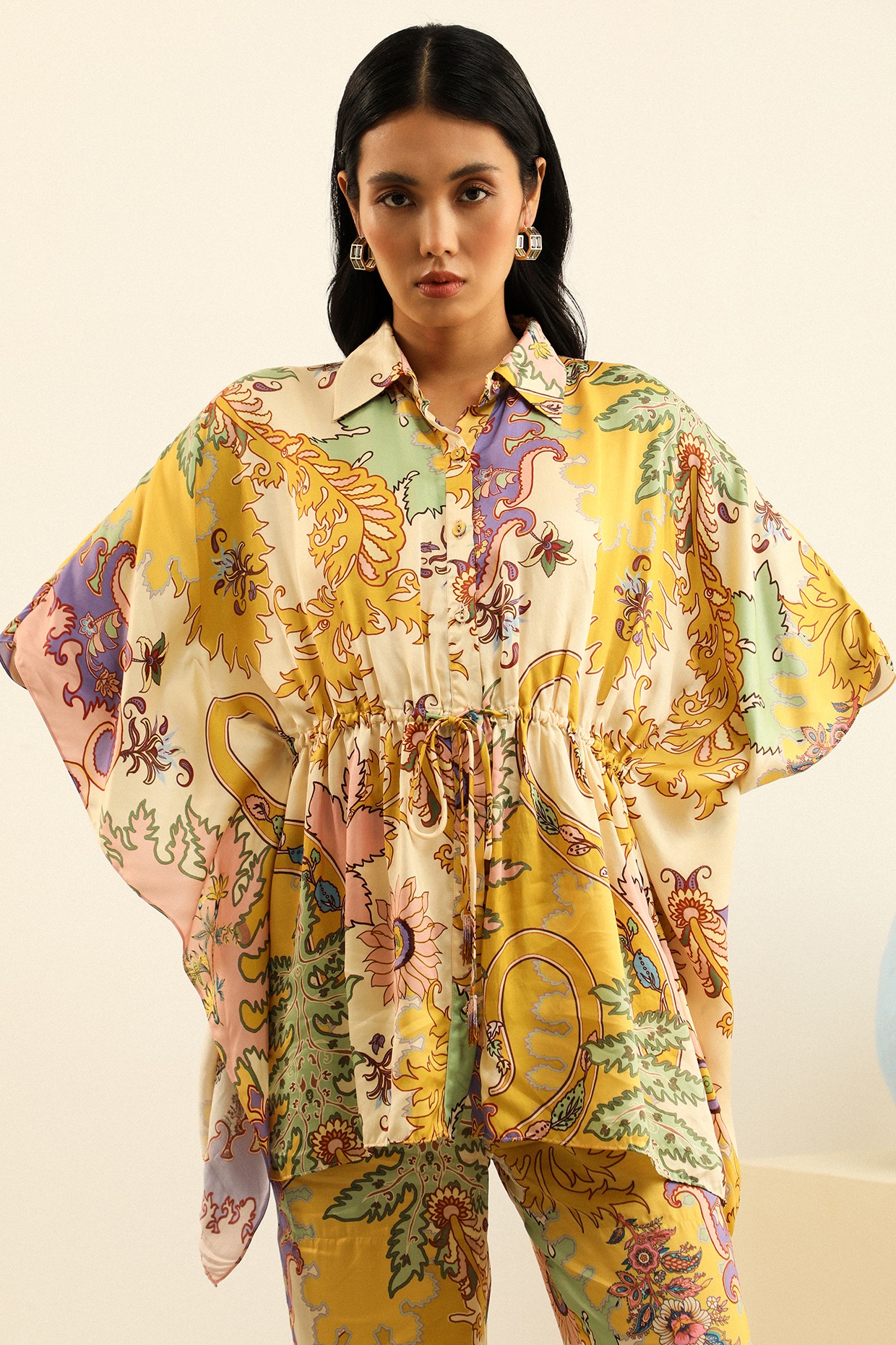 Yellow Mulberry Silk Printed Oversized Kimono Shirt Design by