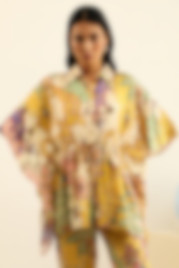 Yellow Mulberry Silk Printed Oversized Kimono Shirt by Label Deepika Nagpal at Pernia's Pop Up Shop