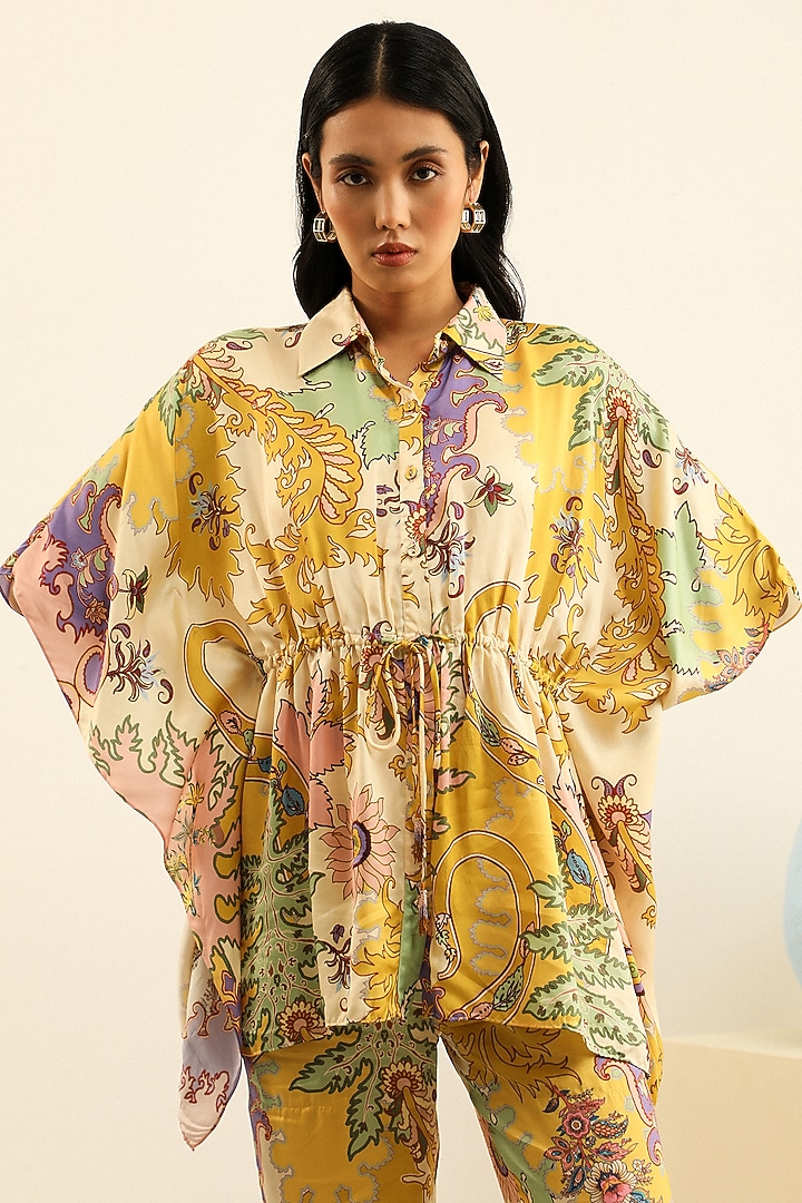 Yellow Mulberry Silk Printed Oversized Kimono Shirt by Label Deepika Nagpal at Pernia's Pop Up Shop