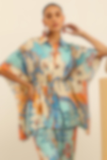 Blue Mulberry Silk Printed Oversized Kimono Shirt by Label Deepika Nagpal at Pernia's Pop Up Shop