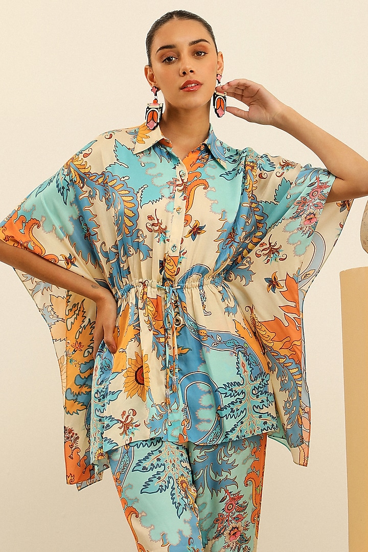 Blue Mulberry Silk Printed Oversized Kimono Shirt by Label Deepika Nagpal at Pernia's Pop Up Shop