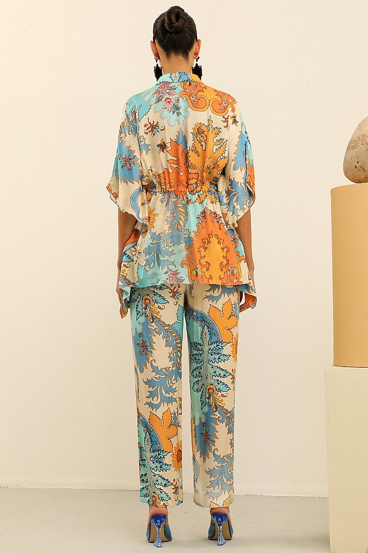 Blue Mulberry Silk Printed Oversized Kimono Shirt by Label Deepika Nagpal at Pernia's Pop Up Shop