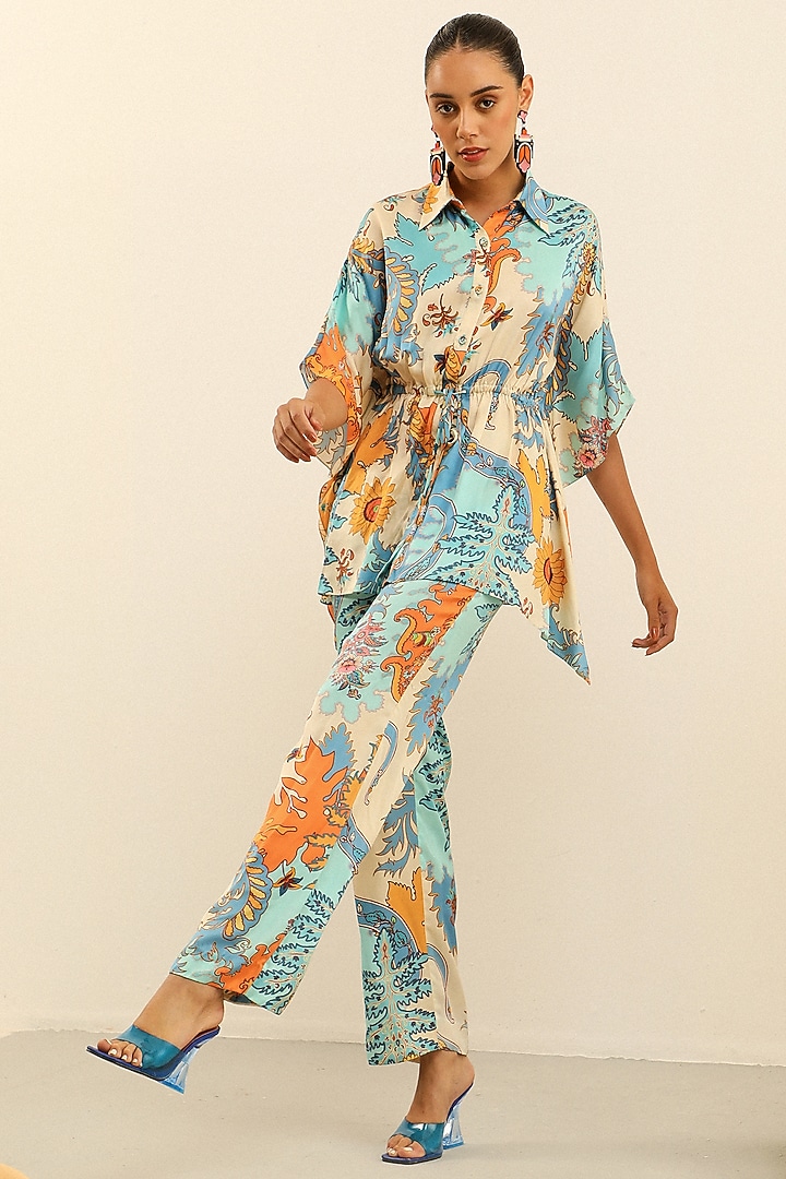 Blue Mulberry Silk Printed Oversized Kimono Shirt by Label Deepika Nagpal at Pernia's Pop Up Shop