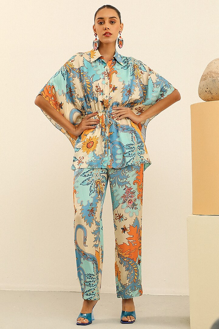 Blue Mulberry Silk Printed Oversized Kimono Shirt by Label Deepika Nagpal at Pernia's Pop Up Shop