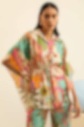 Multi-Colored Mulberry Silk Printed Oversized Kimono Shirt by Label Deepika Nagpal at Pernia's Pop Up Shop