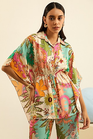 Multi-Colored Mulberry Silk Printed Oversized Kimono Shirt by Label Deepika Nagpal