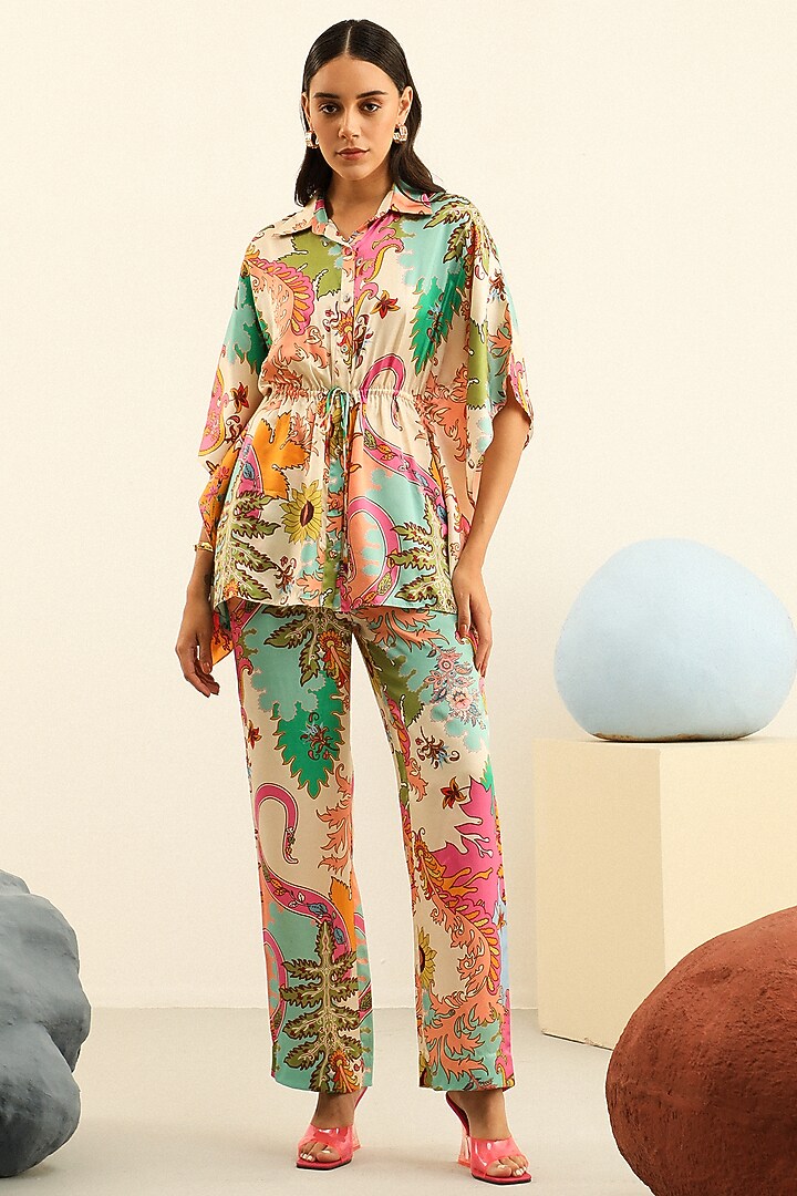 Multi-Colored Mulberry Silk Printed Oversized Kimono Shirt by Label Deepika Nagpal at Pernia's Pop Up Shop