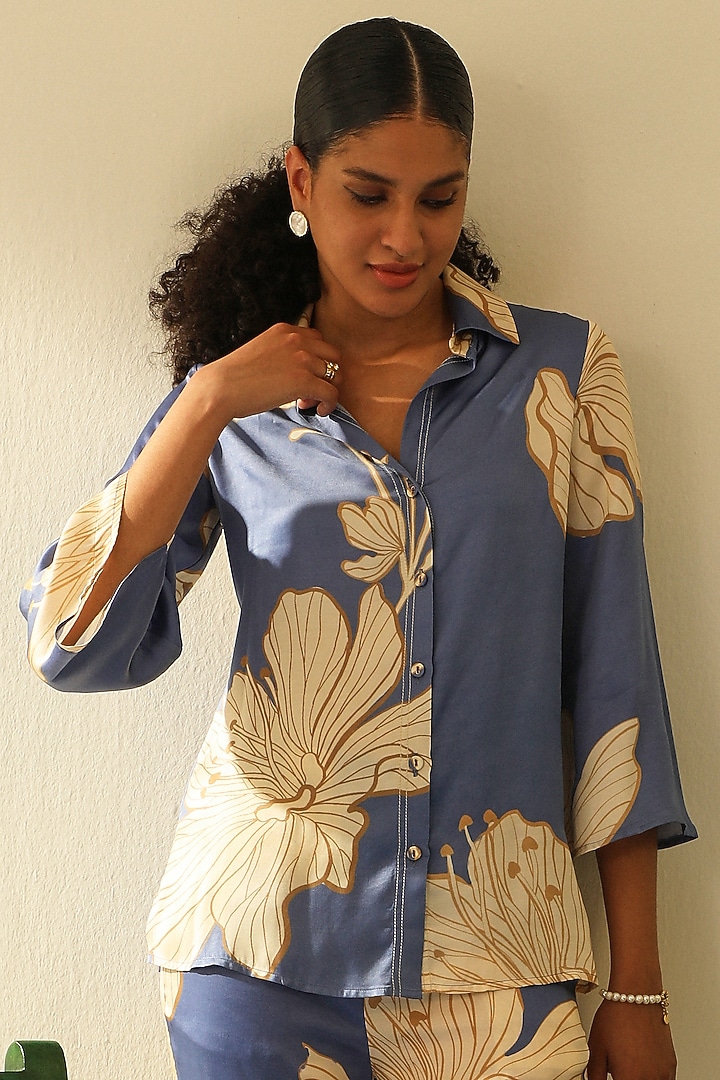 Sapphire Blue Mulberry Silk Co-Ord Set by Label Deepika Nagpal at Pernia's Pop Up Shop