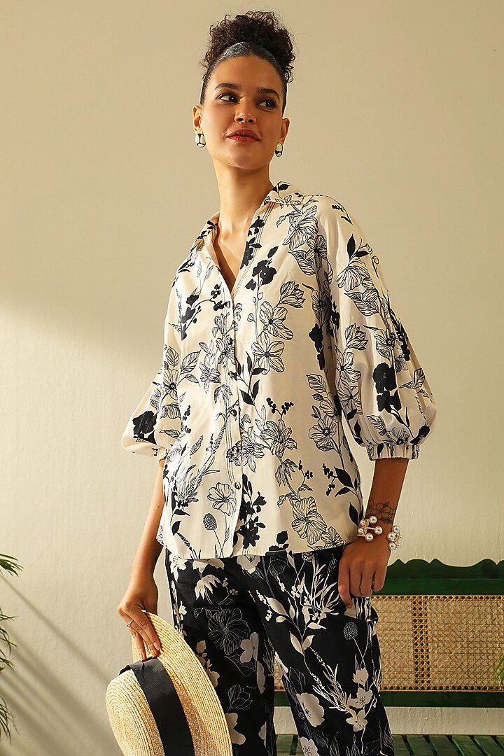 White & Black Handloom Cotton Shirt by Label Deepika Nagpal at Pernia's Pop Up Shop