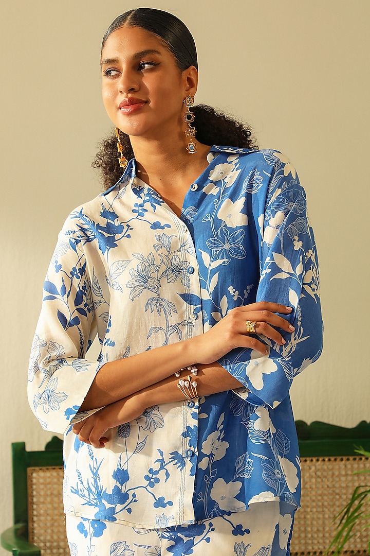 White & Blue Silk Cotton Shirt by Label Deepika Nagpal