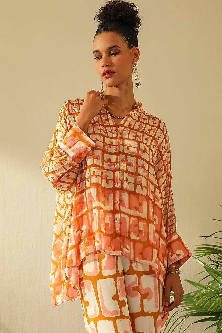 Ochre Pearl Chiffon Kimono Shirt by Label Deepika Nagpal at Pernia's Pop Up Shop
