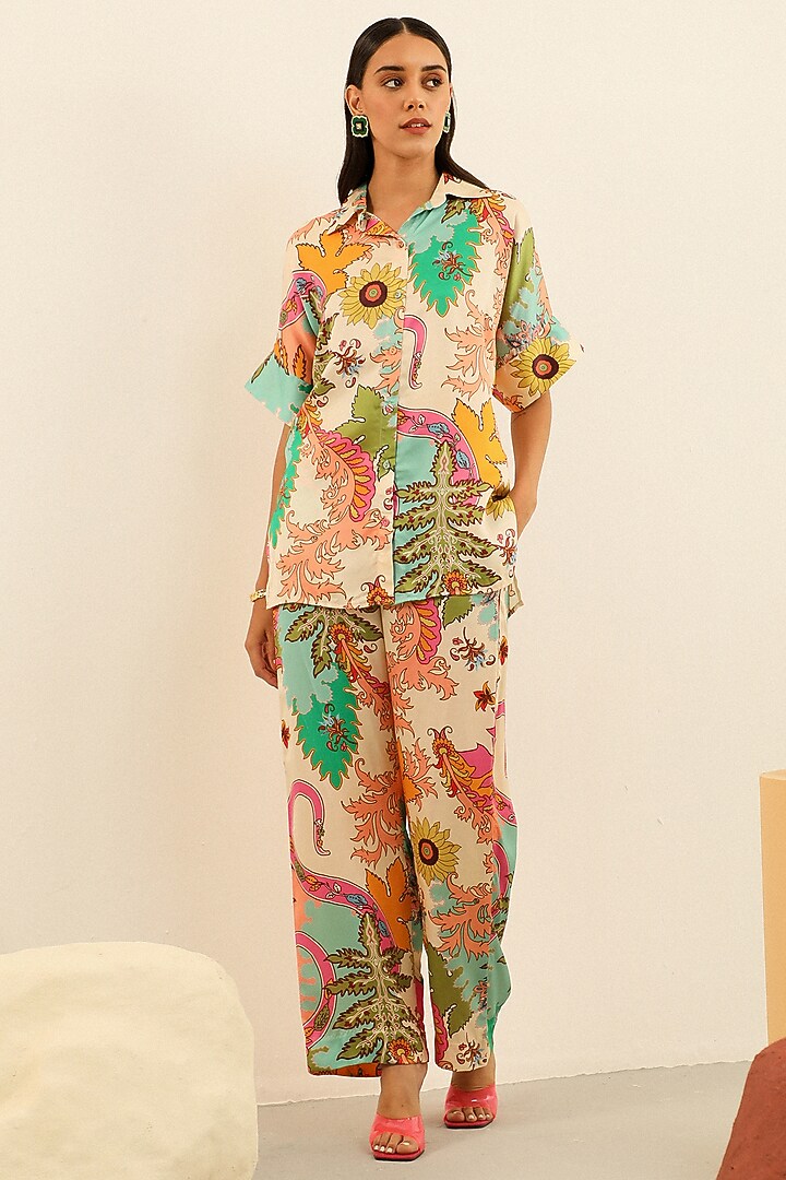 Multi-Colored Mulberry Silk Printed Pant Set by Label Deepika Nagpal at Pernia's Pop Up Shop